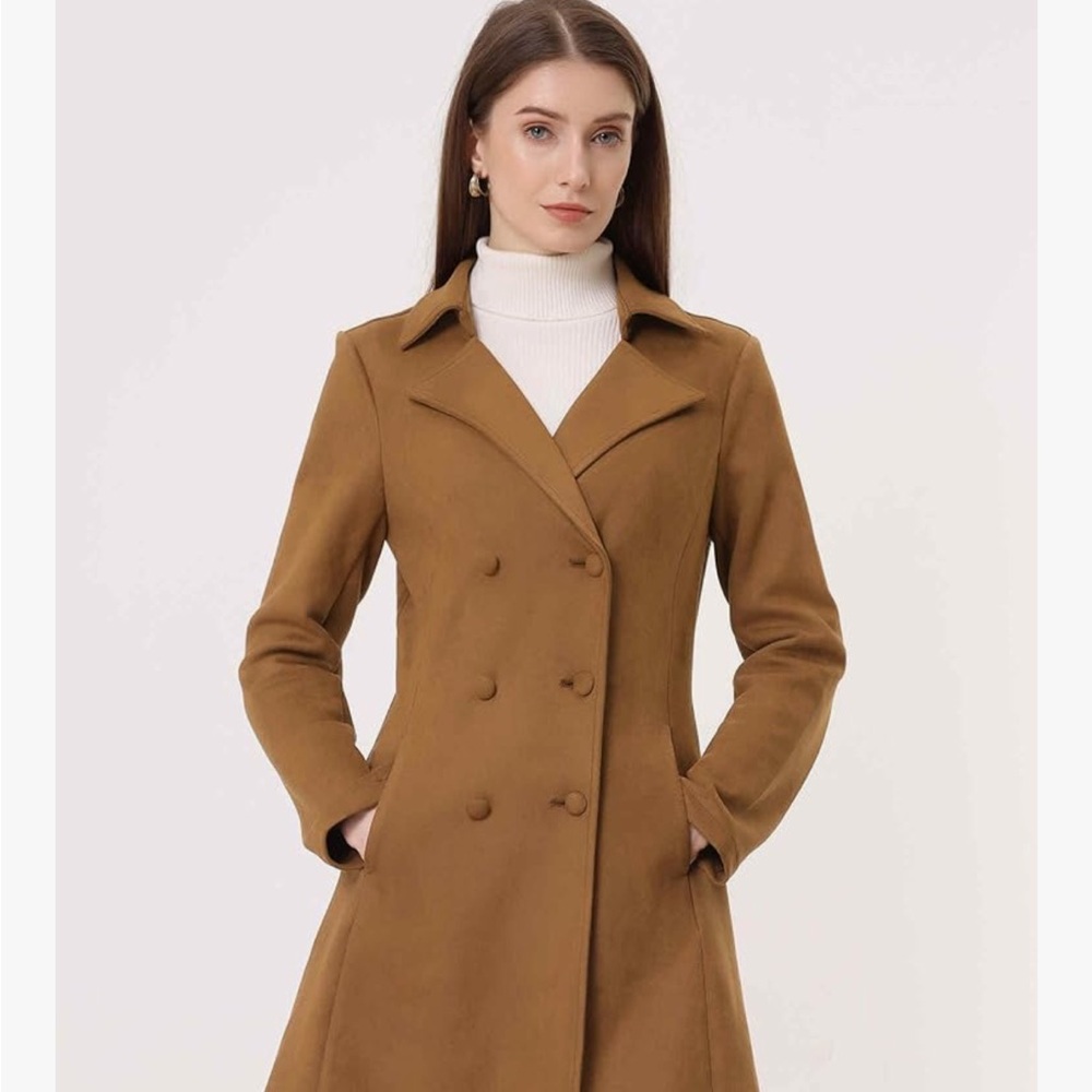 Allegra K Tan Double-Breasted Trench Coat